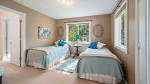 Bedroom featuring multiple windows and carpet flooring with balcony