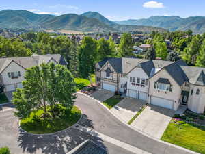Aerial view of residential area with mountains