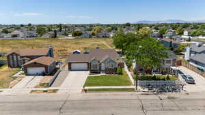 Aerial perspective of suburban area with mountains
