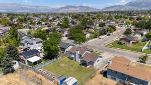 Aerial perspective of suburban area with mountains