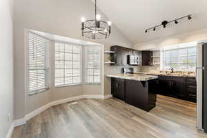 Kitchen with open shelves, a chandelier, rail lighting, high vaulted ceiling, and appliances with stainless steel finishes