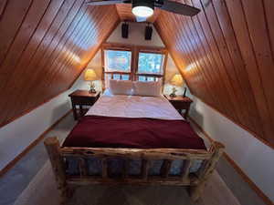 Bedroom with wood ceiling and vaulted ceiling