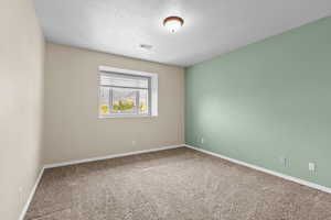 Empty room featuring a textured ceiling and carpet flooring