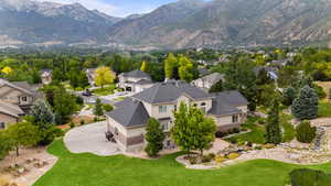 Aerial view of residential area with a mountainous background