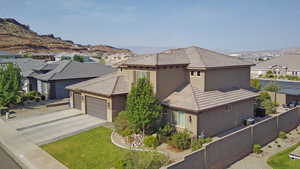 Aerial view of residential area with a mountain backdrop