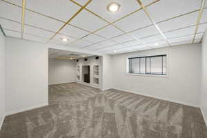 Basement featuring a drop ceiling, carpet floors, and recessed lighting
