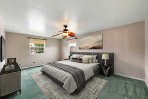 Bedroom featuring carpet flooring and ceiling fan
