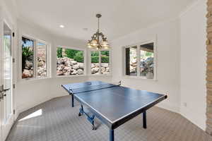 Rec room with carpet flooring, ornamental molding, and a chandelier