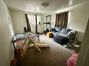 Carpeted living area featuring baseboards