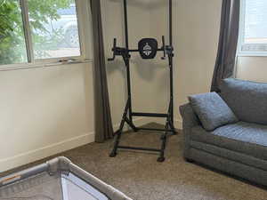 Exercise room with carpet flooring and baseboards