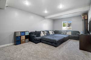 Living area featuring carpet flooring and a textured ceiling