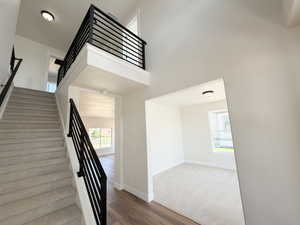 Open entryway featuring a carpeted staircase with a contemporary black metal railing