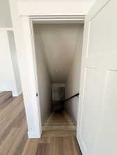 Entryway featuring wood-finish flooring extending into the adjacent room