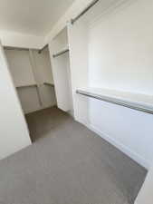 Walk-in closet featuring white shelving, multiple hanging rods, and light gray carpet flooring