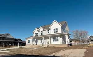View of front of property featuring a porch and roof with shingles