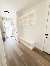 Entryway featuring wood-finish flooring, a white built-in bench with cubby storage, and an overhead built-in cabinet with divided shelving and coat hooks