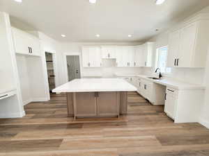 Modern kitchen featuring an expansive center island with integrated cabinetry