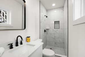 Full bathroom featuring vanity, a shower stall, and plenty of natural light
