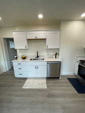 Kitchen with white cabinets, light wood-type flooring, stainless steel appliances, and recessed lighting