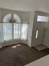 Foyer featuring light carpet, a textured ceiling, and a towering ceiling