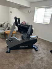 Workout area featuring carpet floors and baseboards