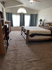 Bedroom featuring vaulted ceiling, carpet flooring, ceiling fan, and a textured ceiling