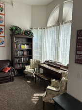 Sitting room featuring carpet and plenty of natural light