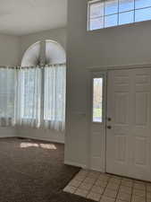 Entrance foyer with plenty of natural light, light colored carpet, and light tile patterned floors