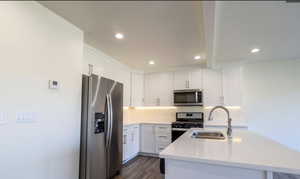 Kitchen with stainless steel appliances, light countertops, white cabinets, and recessed lighting