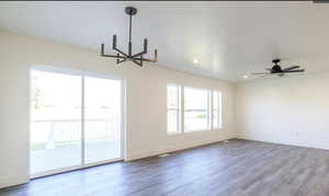 Unfurnished room featuring wood finished floors, recessed lighting, and ceiling fan