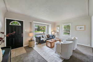 Carpeted living area with a textured ceiling and baseboards