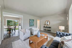 Living area with carpet and crown molding