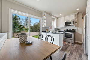 Kitchen featuring open shelves, white cabinetry, stainless steel appliances, dark wood-style floors, and backsplash