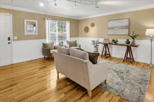 Living room featuring ornamental molding, a wainscoted wall, light wood-style flooring, and rail lighting