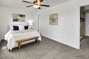 Bedroom with carpet flooring and a ceiling fan