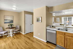 Kitchen featuring rail lighting, stainless steel dishwasher, light wood-type flooring, light countertops, and a textured ceiling