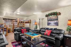 Family room with a textured ceiling