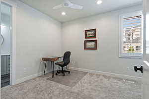 Office featuring carpet flooring, ceiling fan, and recessed lighting