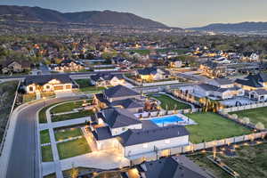 Aerial view at dusk of a mountain view and a residential view