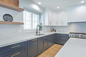 Kitchen featuring white cabinetry, decorative backsplash, light wood-type flooring, recessed lighting, and open shelves