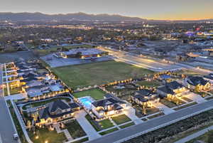 Aerial view at dusk of a mountain view and a residential view