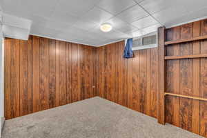 Unfurnished room featuring carpet and wood walls