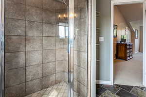 Bathroom with a shower stall and vaulted ceiling
