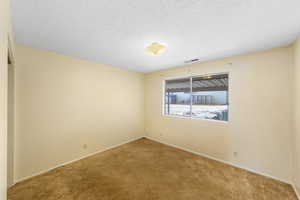 Carpeted empty room with a textured ceiling and baseboards