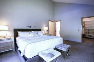 Bedroom with high vaulted ceiling, carpet floors, and a walk in closet