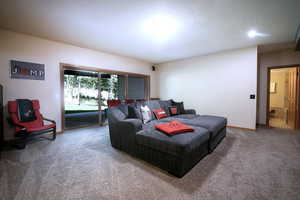 Living area with carpet flooring and a textured ceiling