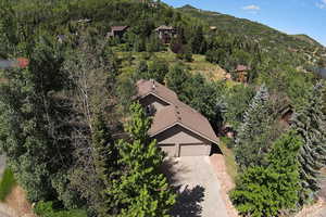 View of subject property with a heavily wooded area and a mountainous background