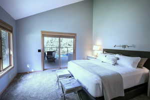 Carpeted bedroom featuring access to outside, multiple windows, and high vaulted ceiling