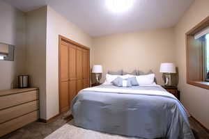 Bedroom featuring carpet, a closet, and a textured ceiling