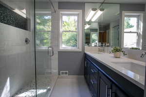 Full bathroom with plenty of natural light, double vanity, a stall shower, and tile patterned floors